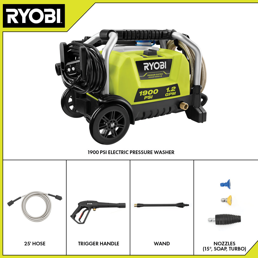 RYOBI 1900 PSI 1.2 GPM Cold Water Wheeled Electric Pressure Washer with 12 in. Surface Cleaner