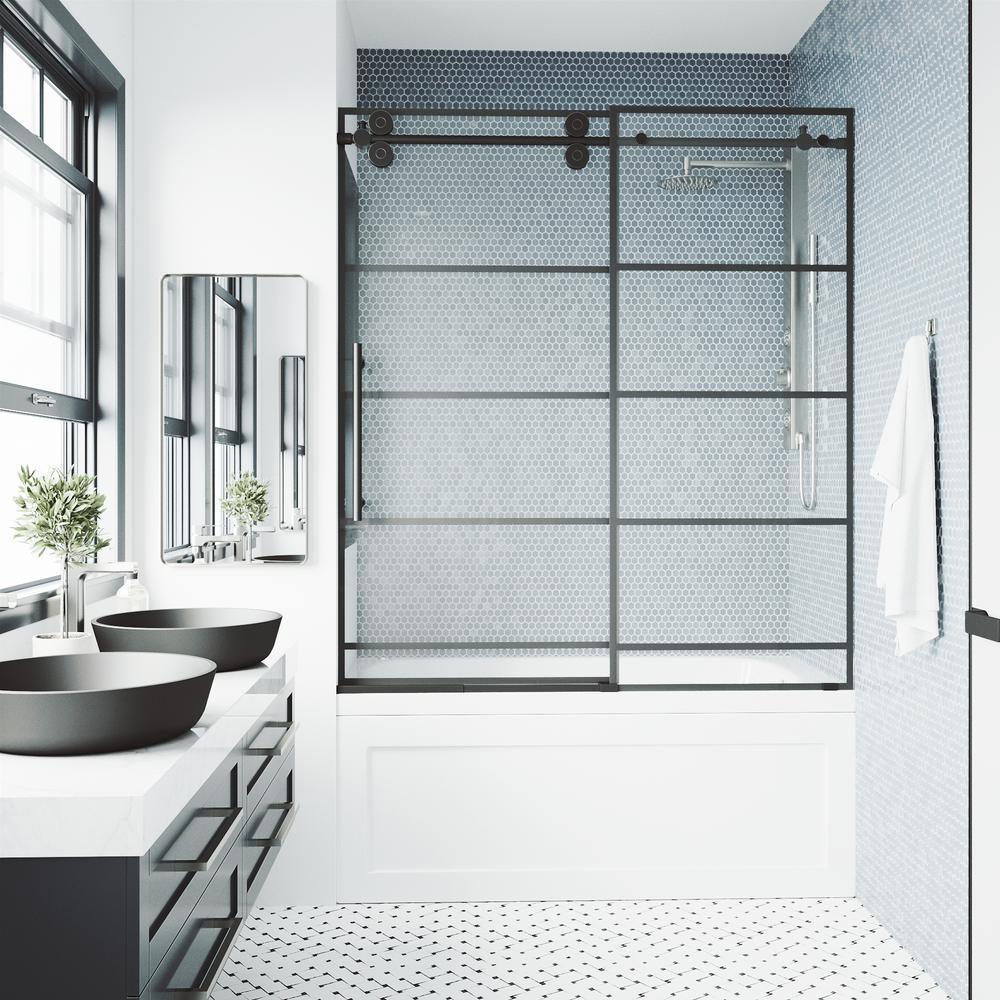 Elan 60 in. x 66 in. Frameless Sliding Tub Door in Matte Black and Clear Glass - Super Arbor