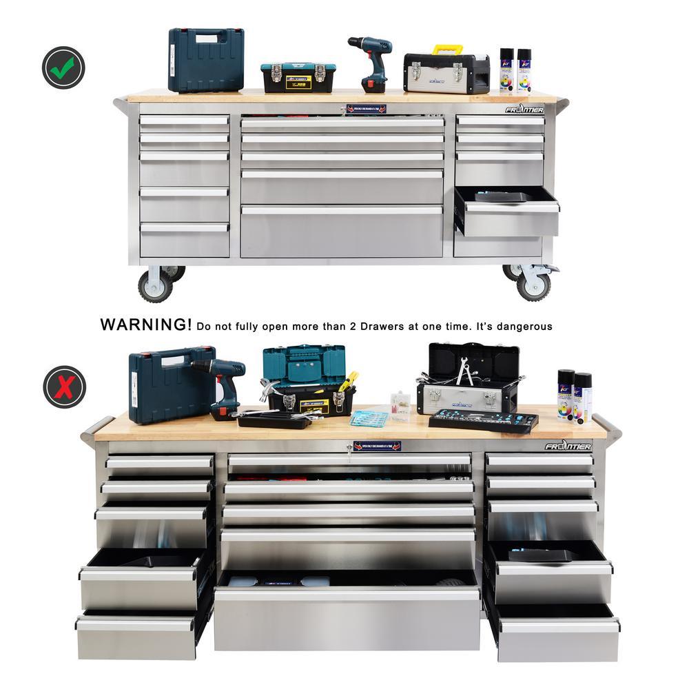 72 in. 15-Drawer Mobile Workbench Tool Chest Cabinet with Wooden Top in Stainless Steel - Super Arbor