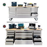 72 in. 15-Drawer Mobile Workbench Tool Chest Cabinet with Wooden Top in Stainless Steel - Super Arbor