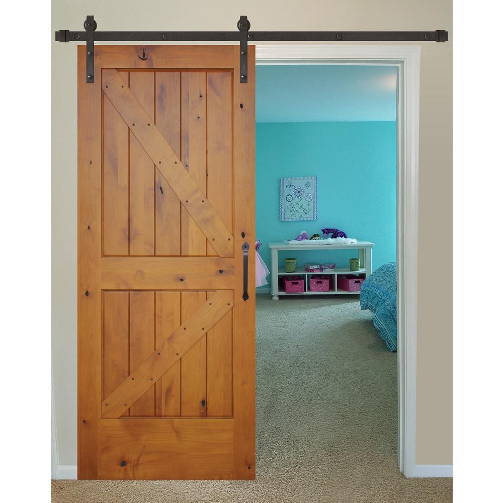 72 in. Oil Rubbed Bronze J-Hook Strap Sliding Barn Door Hardware with Floor T-Guide - Super Arbor