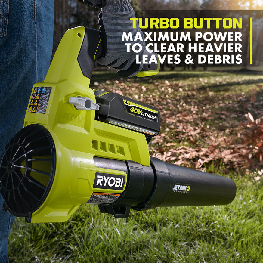 RYOBI 40V Jet Fan Leaf Blower Kit, 110 MPH, 525 CFM with Lawn & Leaf Bag, 4.0 Ah Battery and Charger