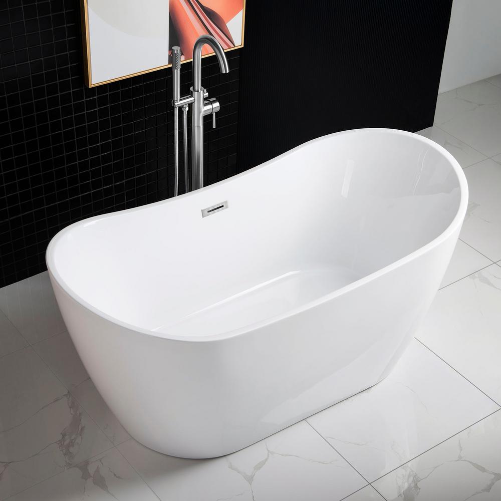 59 in. Acrylic Freestanding Double Slipper Flatbottom Soaking Bathtub with Drain and Overflow Included in White - Super Arbor