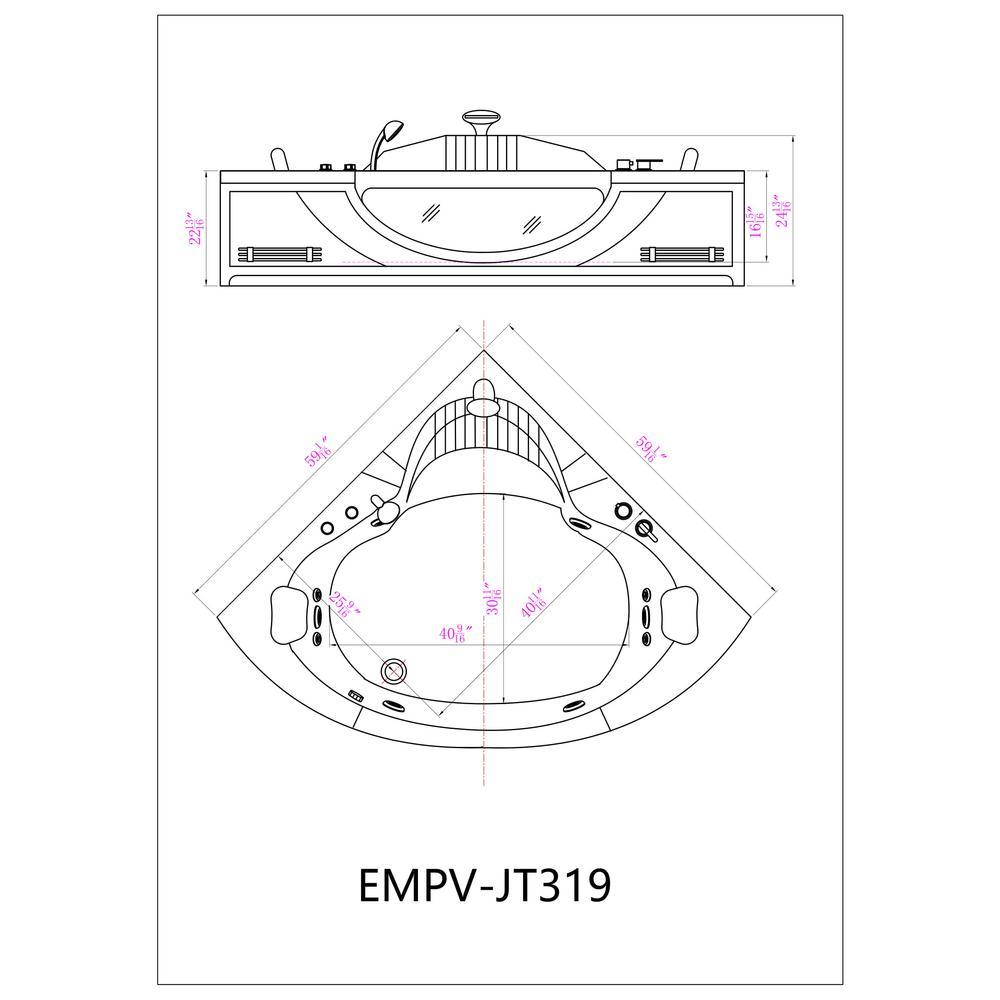 59 in. Left Drain Corner Alcove Whirlpool Bathtub in White - Super Arbor