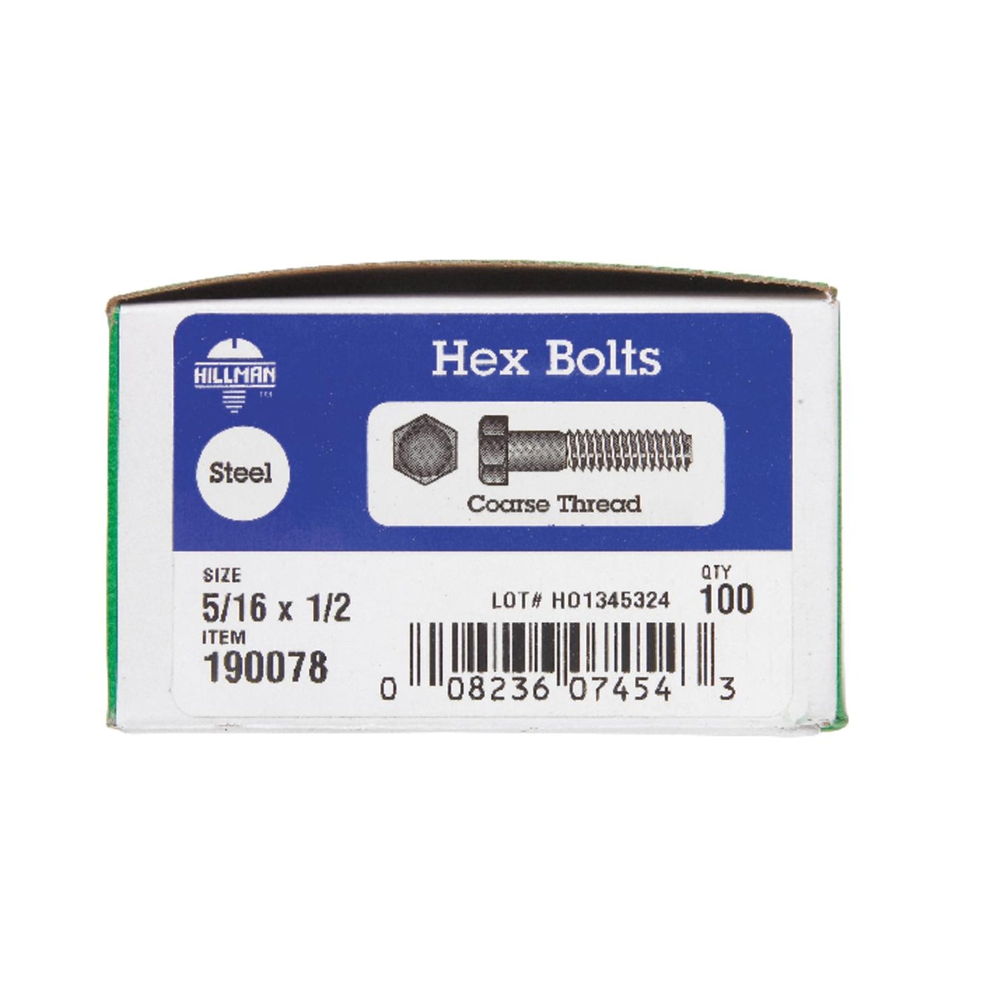 Hillman 5/16 in. Diameter x 1/2 in. Length Zinc-Plated Steel Hex Bolt, Coarse Thread, 100-Pack
