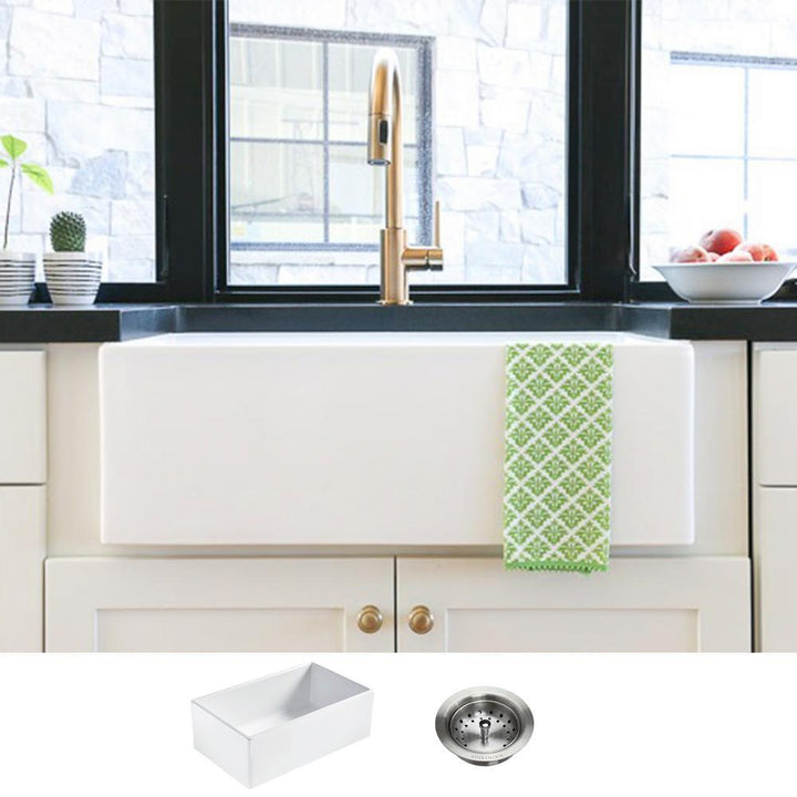 Bradstreet II Farmhouse Fireclay 30 in. Single Bowl Kitchen Sink with Strainer Drain in Crisp White - Super Arbor