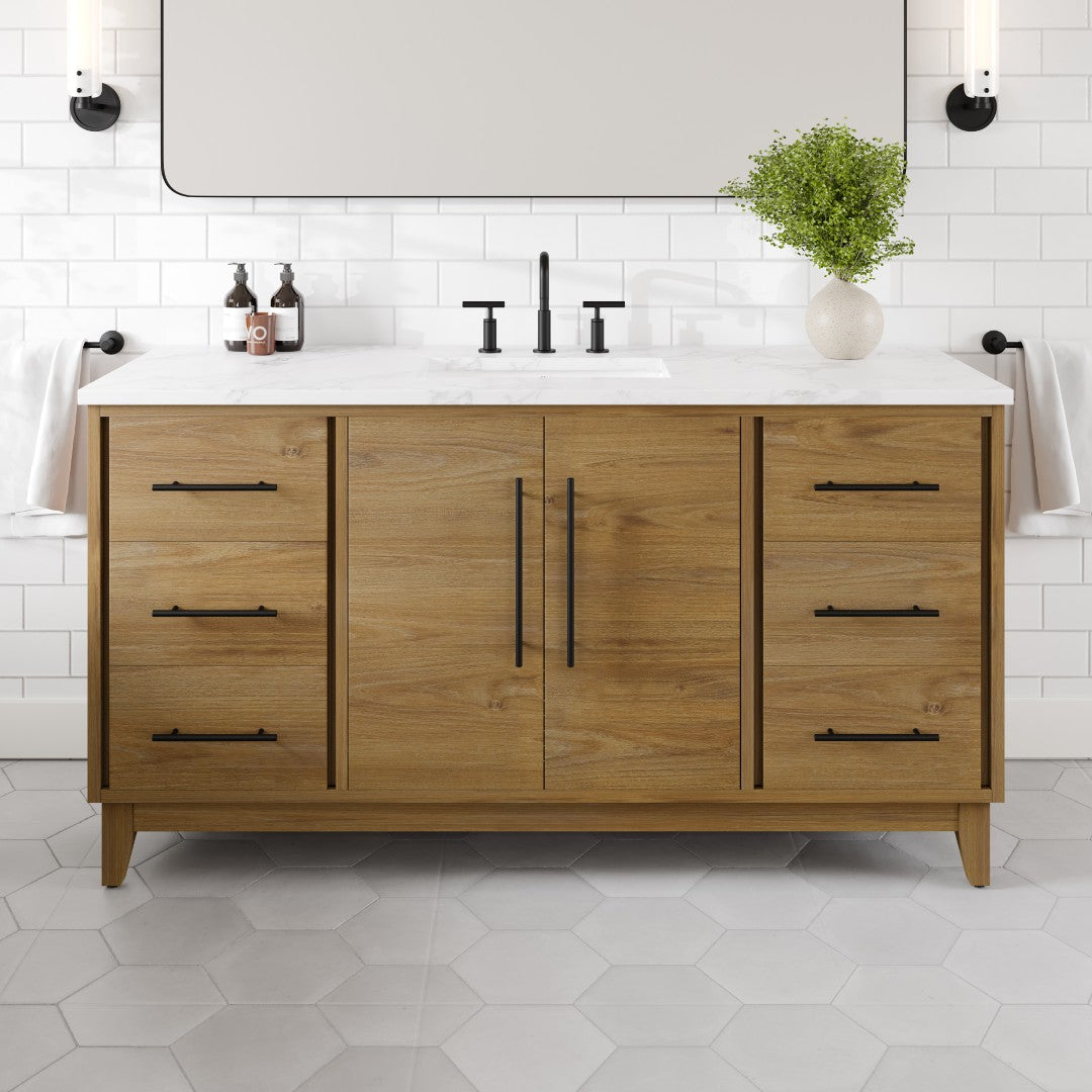 Eviva Graham 60"W x 22"D Oak Bathroom Vanity with White Arabescato Engineered Stone Countertop and Undermount Ceramic Sink
