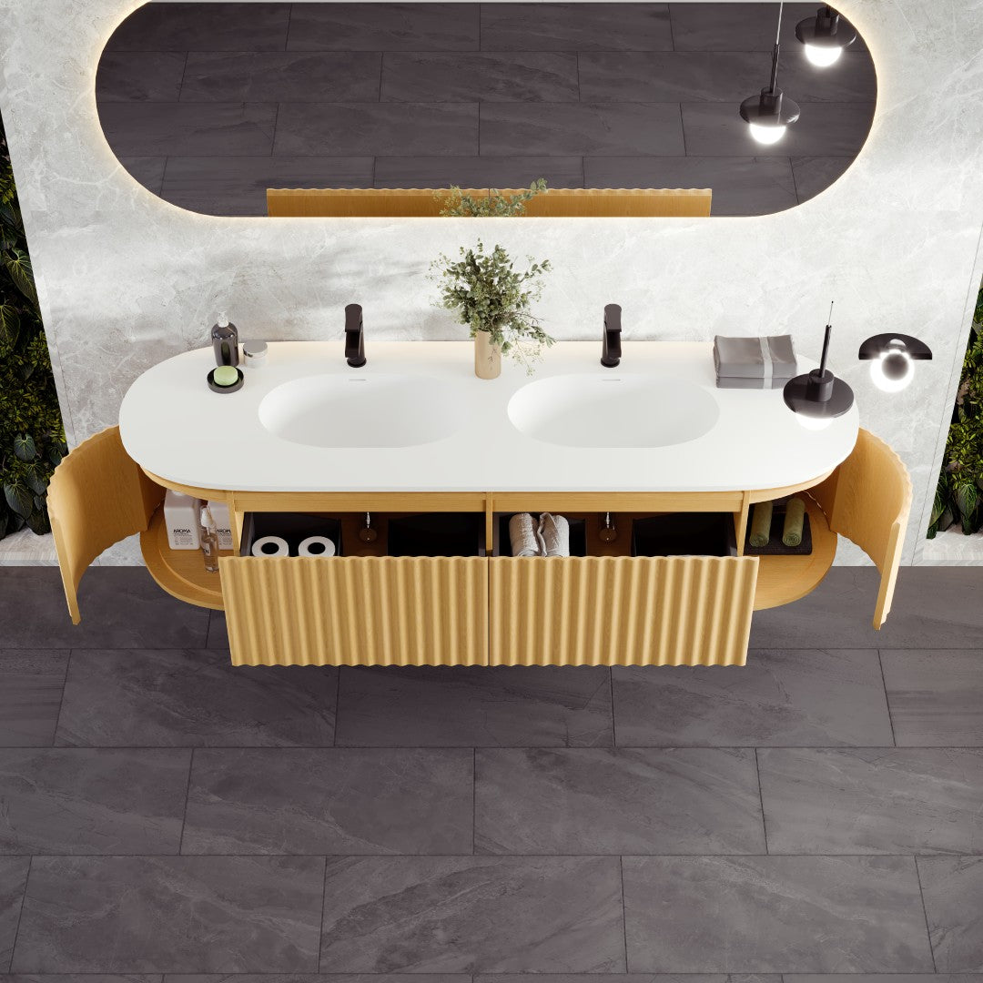 Eviva Haven 71"W x 22"D Natural Oak Wall Mount Double Sink Bathroom Vanity with White Solid Surface Countertop and Integrated Sinks