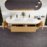 Eviva Haven 71"W x 22"D Natural Oak Wall Mount Double Sink Bathroom Vanity with White Solid Surface Countertop and Integrated Sinks