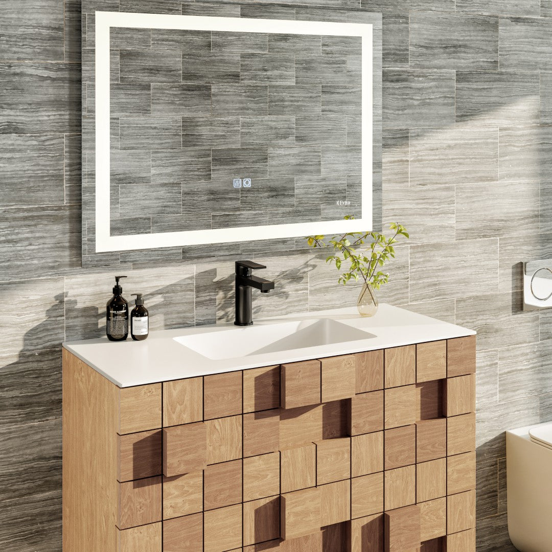 Eviva Mosaic 33"W x 20"D Natural Oak Wall Mount Bathroom Vanity with White Solid Surface Countertop and Integrated Sink