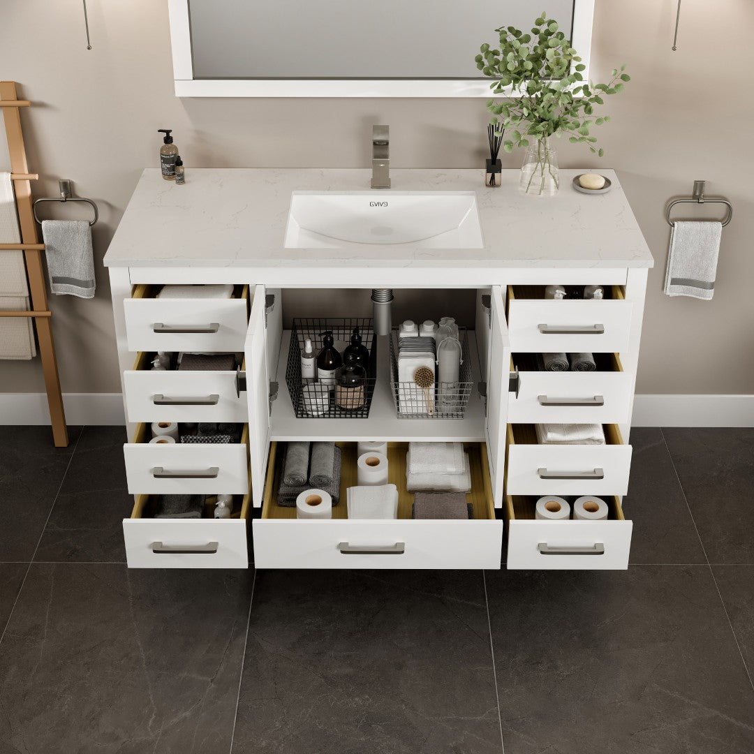 Eviva London 54"W x 18"D White Bathroom Vanity with White Carrara Quartz Countertop and Undermount Porcelain Sink