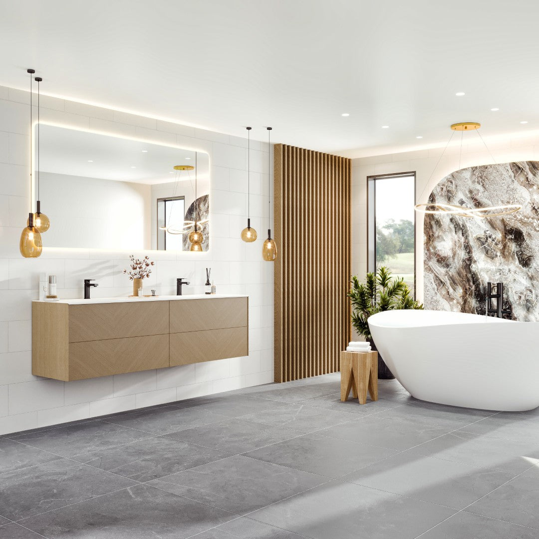 Eviva Lotus 59"W x 19"D Natural Oak Wall Mount Double Sink Bathroom Vanity with White Solid Surface Countertop and Integrated Sinks