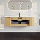 Eviva Haven 55"W x 22"D Natural Oak Wall Mount Bathroom Vanity with White Solid Surface Countertop and Integrated Sink
