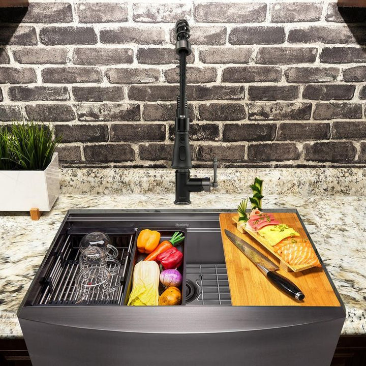 All-in-One Matte Black Finished Stainless Steel 33 in. x 22 in. Single Bowl Farmhouse Apron Kitchen Sink with Faucet