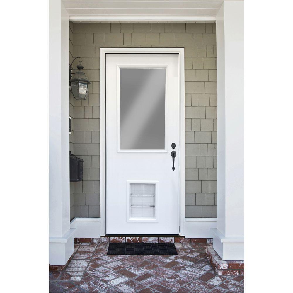Steves & Sons Premium Half Lite Primed White Steel Back Door, 32 in., Left-Hand Inswing, Extra-Large Pet Door