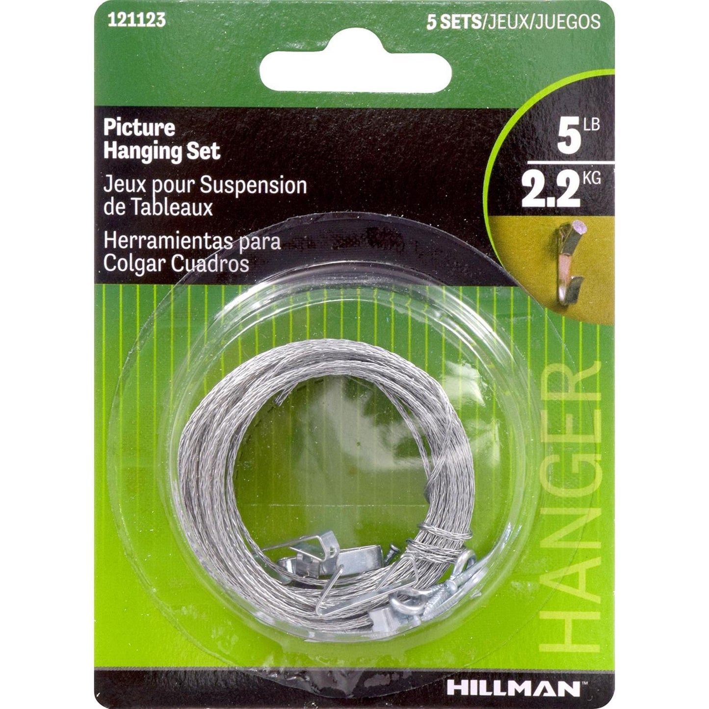 Hillman AnchorWire Steel-Plated Conventional Picture Hanging Set, 5 lb Capacity, 5-Pack