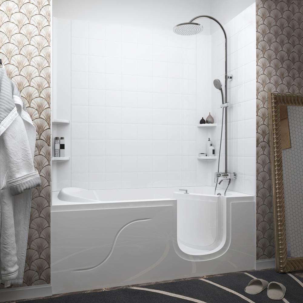 Rampart Nova Heated Step In 5 ft. Walk-in Whirlpool Bathtub with 6 in. Tile Easy Up Adhesive Wall Surround in White - Super Arbor