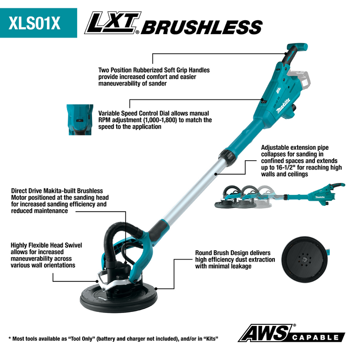Makita 18V LXT Brushless Cordless 9 in. Drywall Sander Kit, AWS Capable with Bonus 18V LXT Cut-Out Saw, 5.0Ah