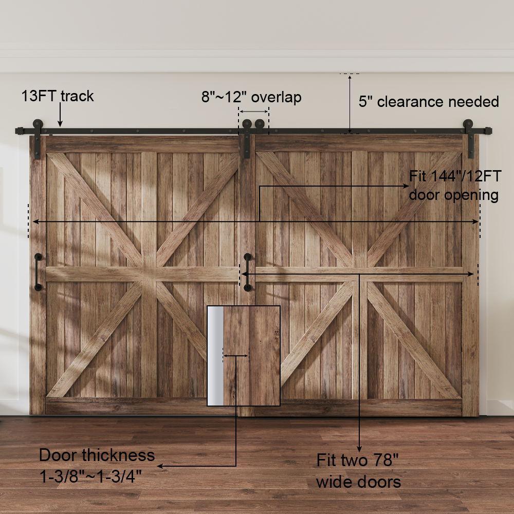 13 ft./156 in. Single Track Bypass Sliding Barn Door Hardware Kit for Double Doors Low Ceiling - Super Arbor
