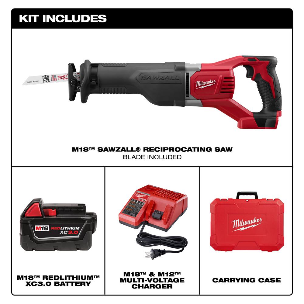 M18 18-Volt Lithium-Ion Cordless SAWZALL Reciprocating Saw W/(1) 3.0Ah Batteries, Charger, Hard Case - Super Arbor