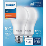 Philips 100-Watt Equivalent A19 Non-Dimmable LED Light Bulb, Soft White 2700K, 2-Pack