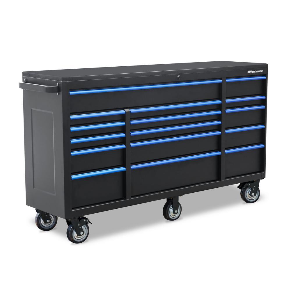 72 in. x 20 in. 16-Drawer Roller Cabinet Tool Chest with Power and USB Outlets in Black and Blue - Super Arbor
