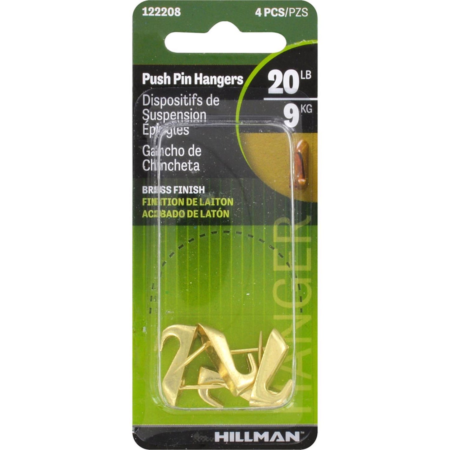 Hillman AnchorWire Brass-Plated Gold Push Pin Picture Hangers, 20 lb Capacity, 4-Pack