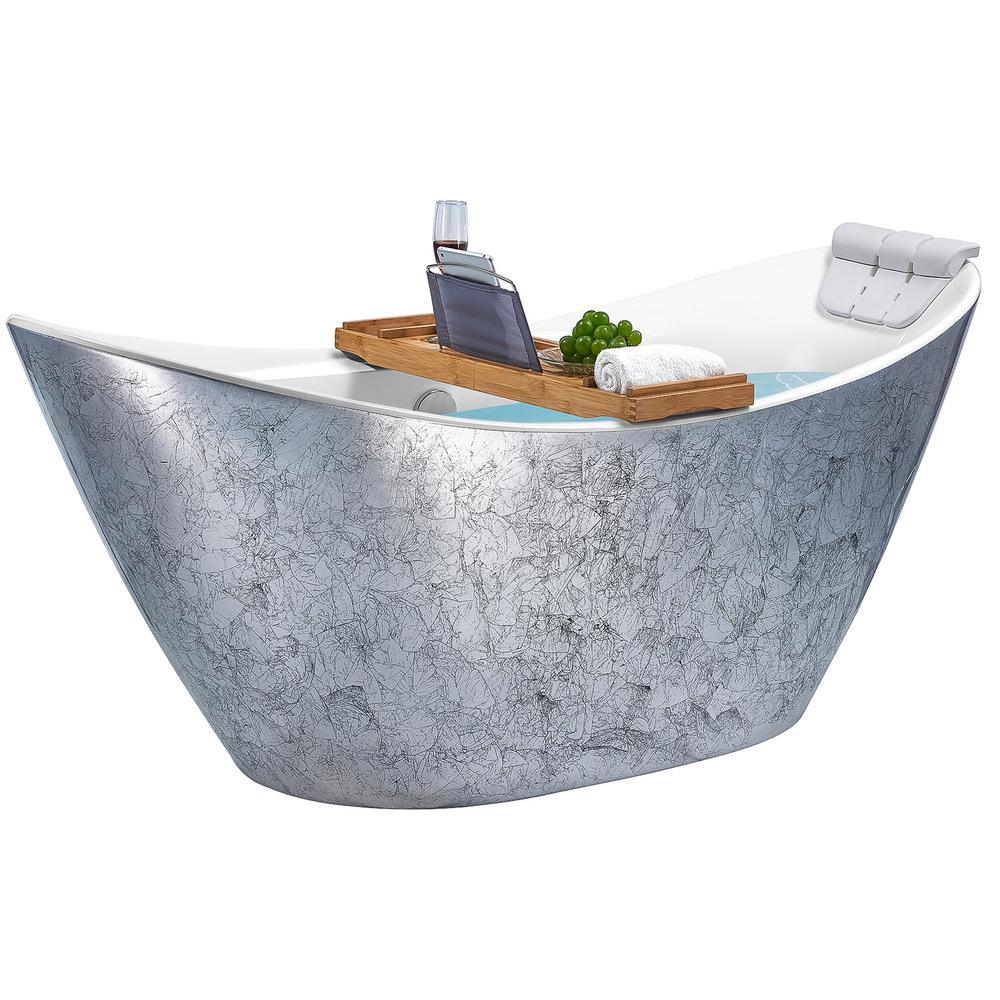 Freestanding 67 in. Acrylic Flatbottom Bathtub Modern Stand Alone Tub Luxurious SPA Tub in Glossy Silver - Super Arbor