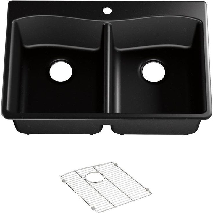 Kennon Dual Mount Neoroc Granite Composite 33 in. 1-Hole Double Bowl Kitchen Sink in Matte Black with Basin Rack