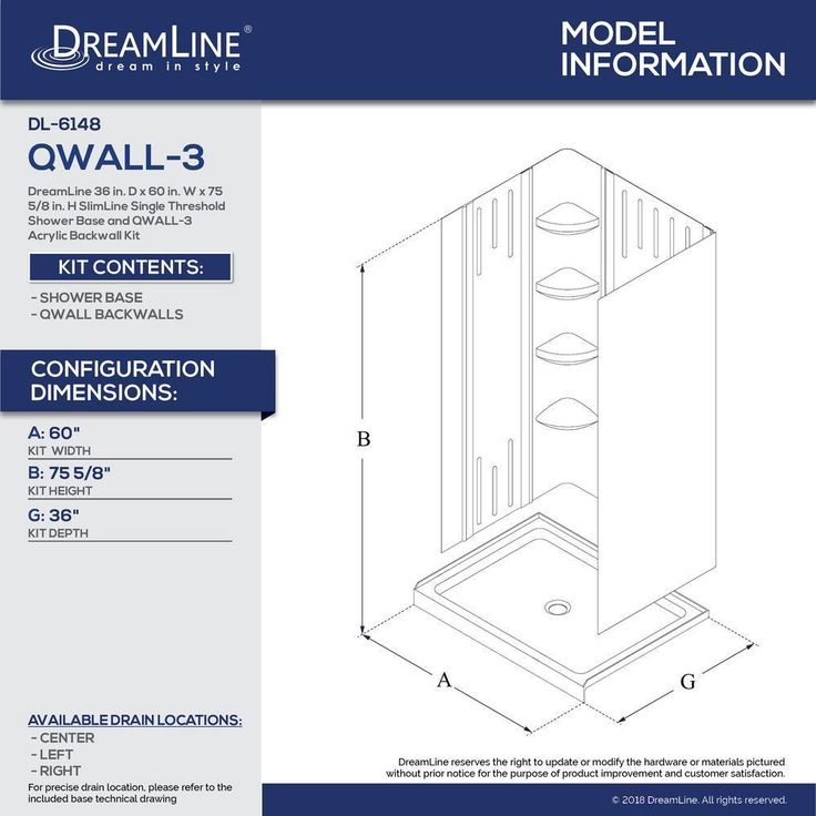 DreamLine QWALL-3 36 in. x 60 in. x 75-5/8 in. Standard Fit Shower Kit in White with Shower Base and Back Wall