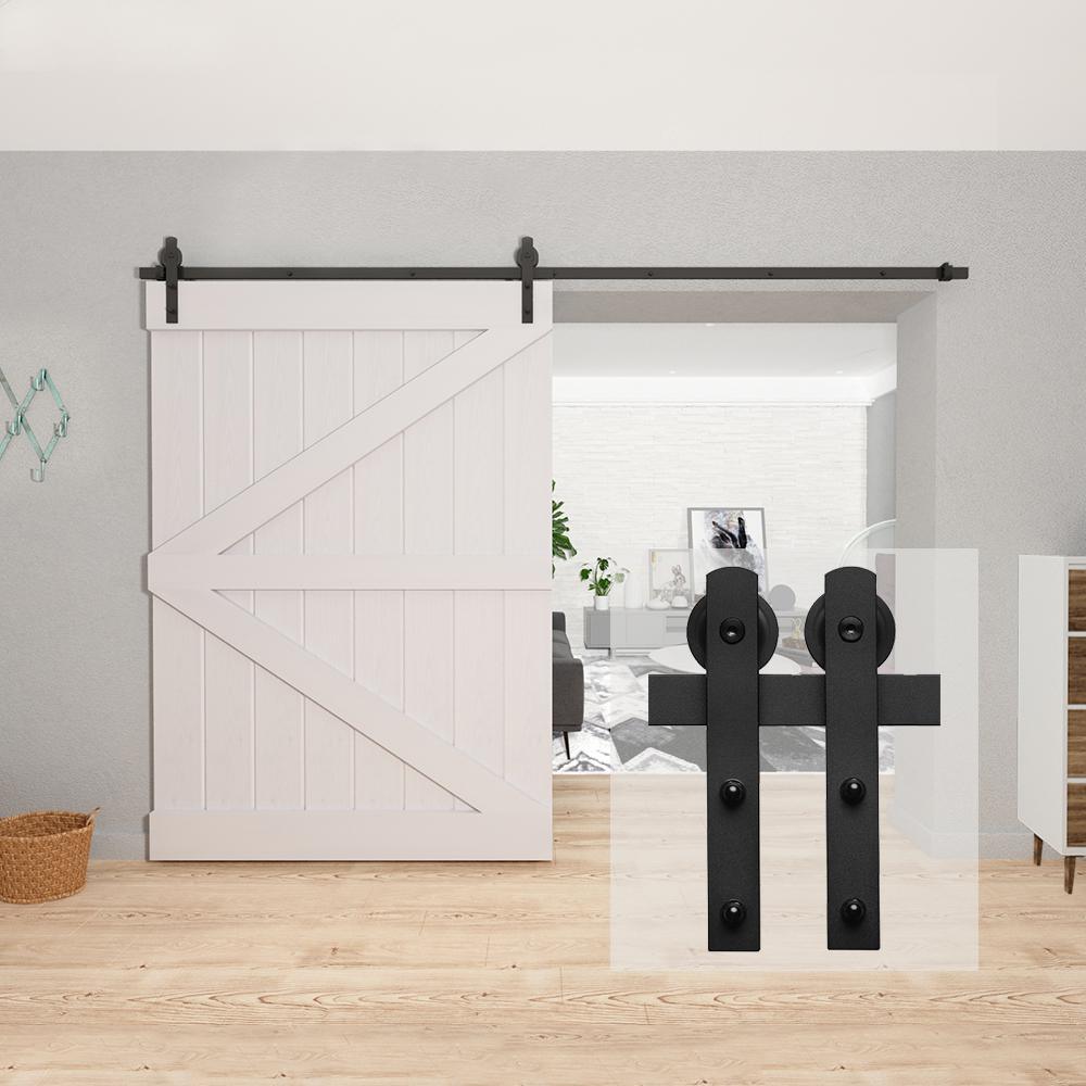 10 ft./120 in. Black Straight Strap Sliding Barn Door Track and Hardware Kit for Single Door with Floor Guide - Super Arbor