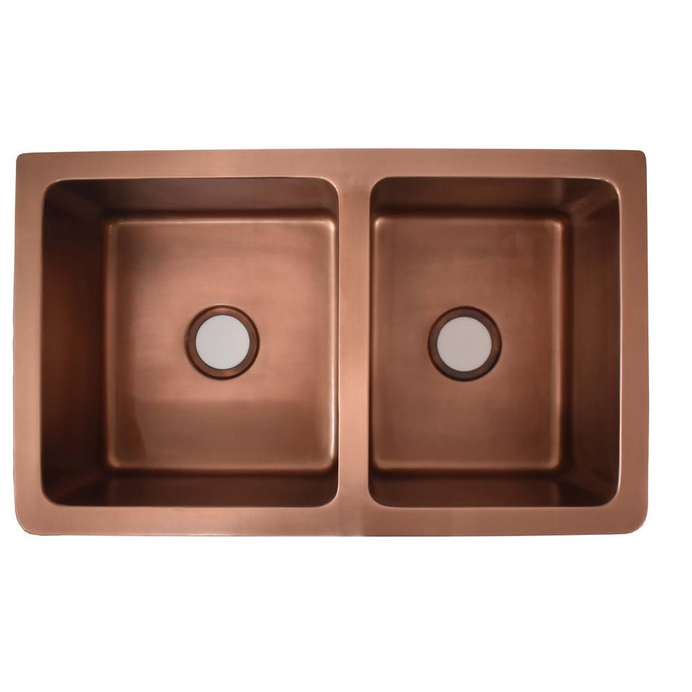 Versailles Farmhouse 33 in. 55/45 Double Bowl Kitchen Sink in Pure Copper with Bottom Grid - Super Arbor