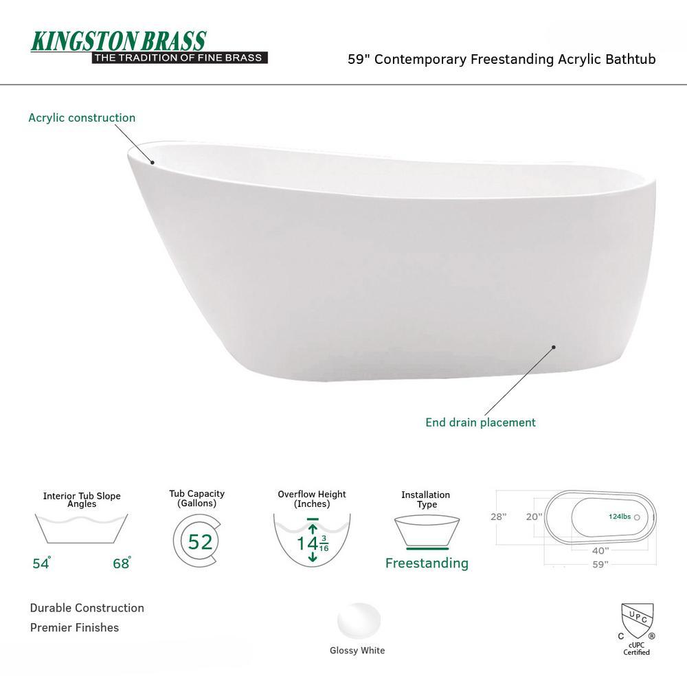 Fusion 59 in. Acrylic Front Drain Flatbottom Freestanding Bathtub in White - Super Arbor