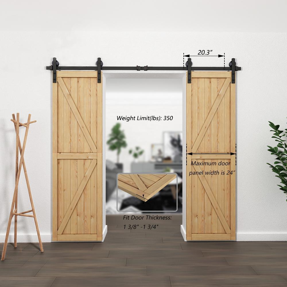 8 ft./96 in. Black Steel Straight Strap Sliding Barn Door Track and Hardware Kit for Double Doors with Floor Guide - Super Arbor