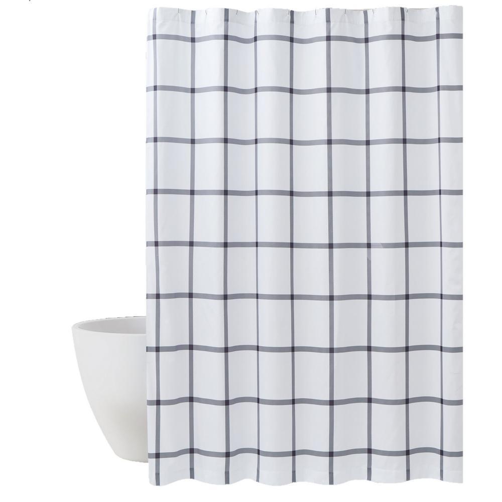 Printed Windowpane 72 in. White/Navy Shower Curtain - Super Arbor