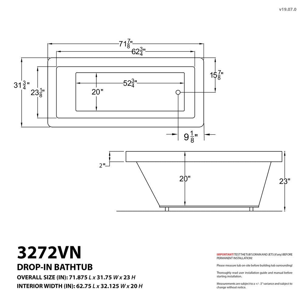 Sapphire 71.5 in. Rectangular Drop-in Air Bath Tub in White - Super Arbor