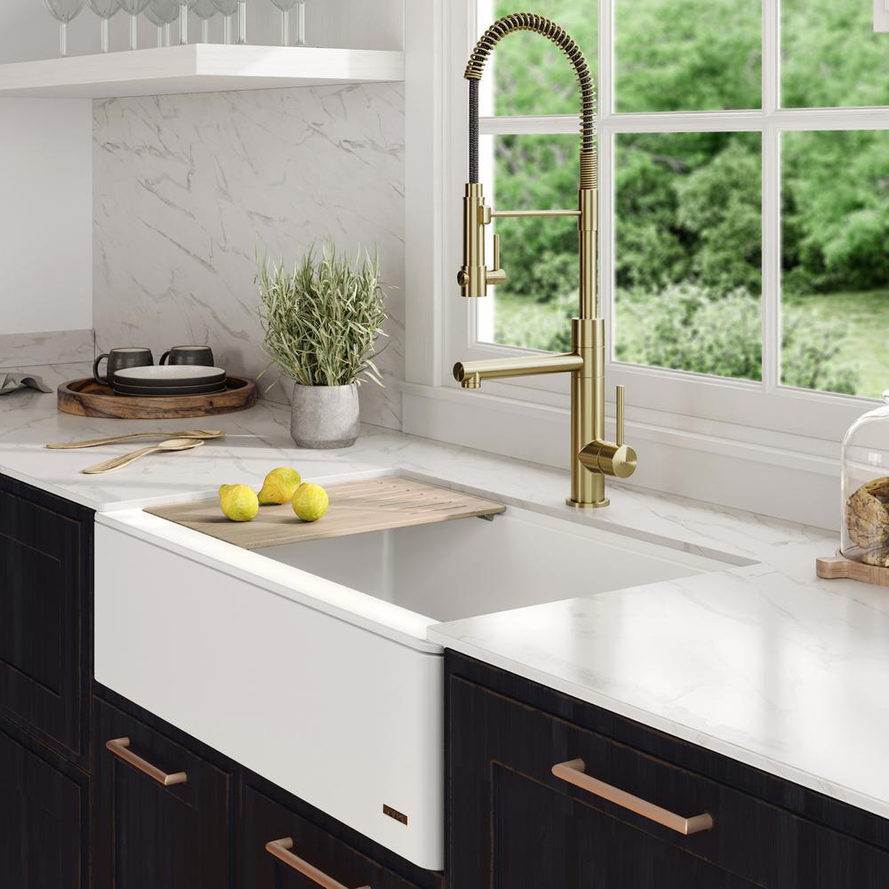 Bellucci 33in. CeramTek Granite/Quartz Composite Farmhouse ApronFront Single Bowl Kitchen Sink w/ Cutting Board in White - Super Arbor