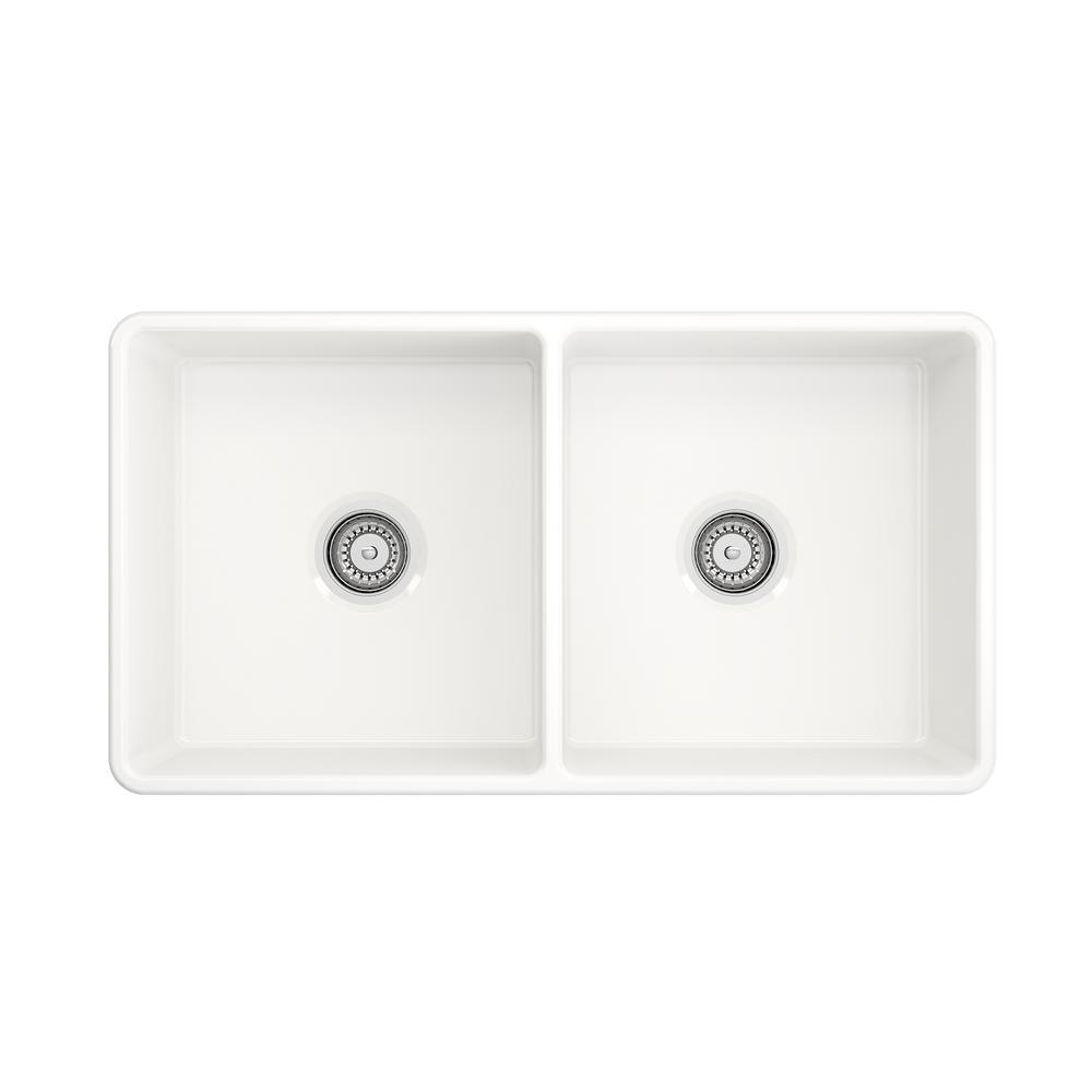 Farmhouse Apron-Front Fireclay 33 in. Double Bowl Kitchen Sink in White with Grid Set - Super Arbor
