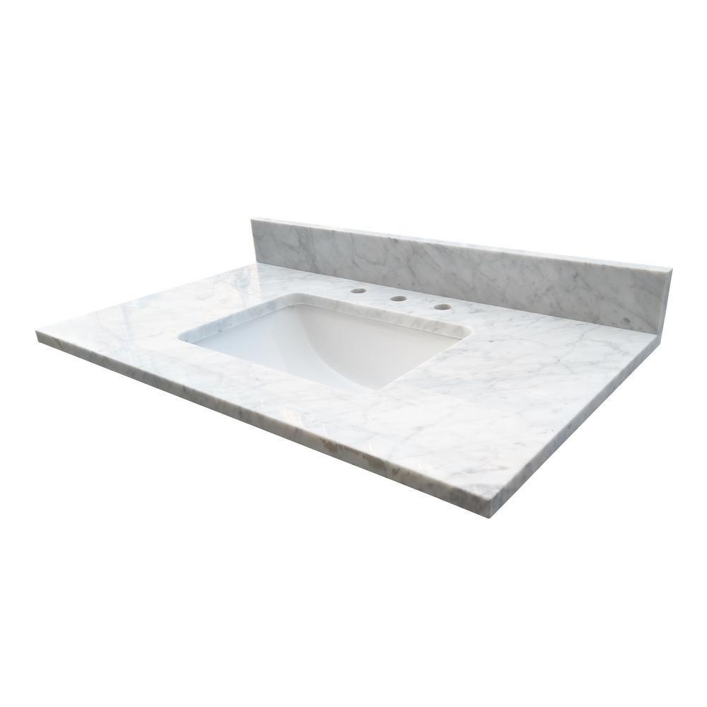 31 in. W x 22 in. D x 1 in. H Bianco Carrara White Marble Vanity Top with White Basin - Super Arbor