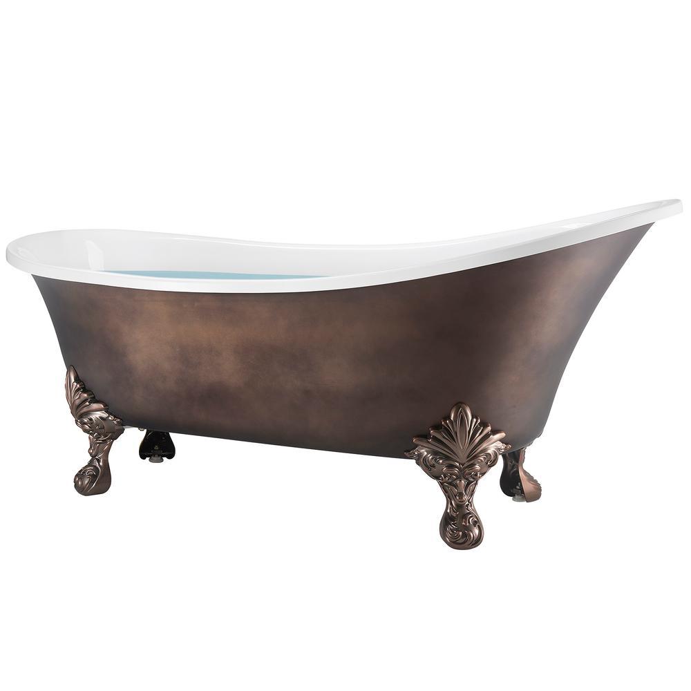 69 in. Acrylic Double Slipper Clawfoot Non-Whirlpool Bathtub in Matte Antique Brass - Super Arbor