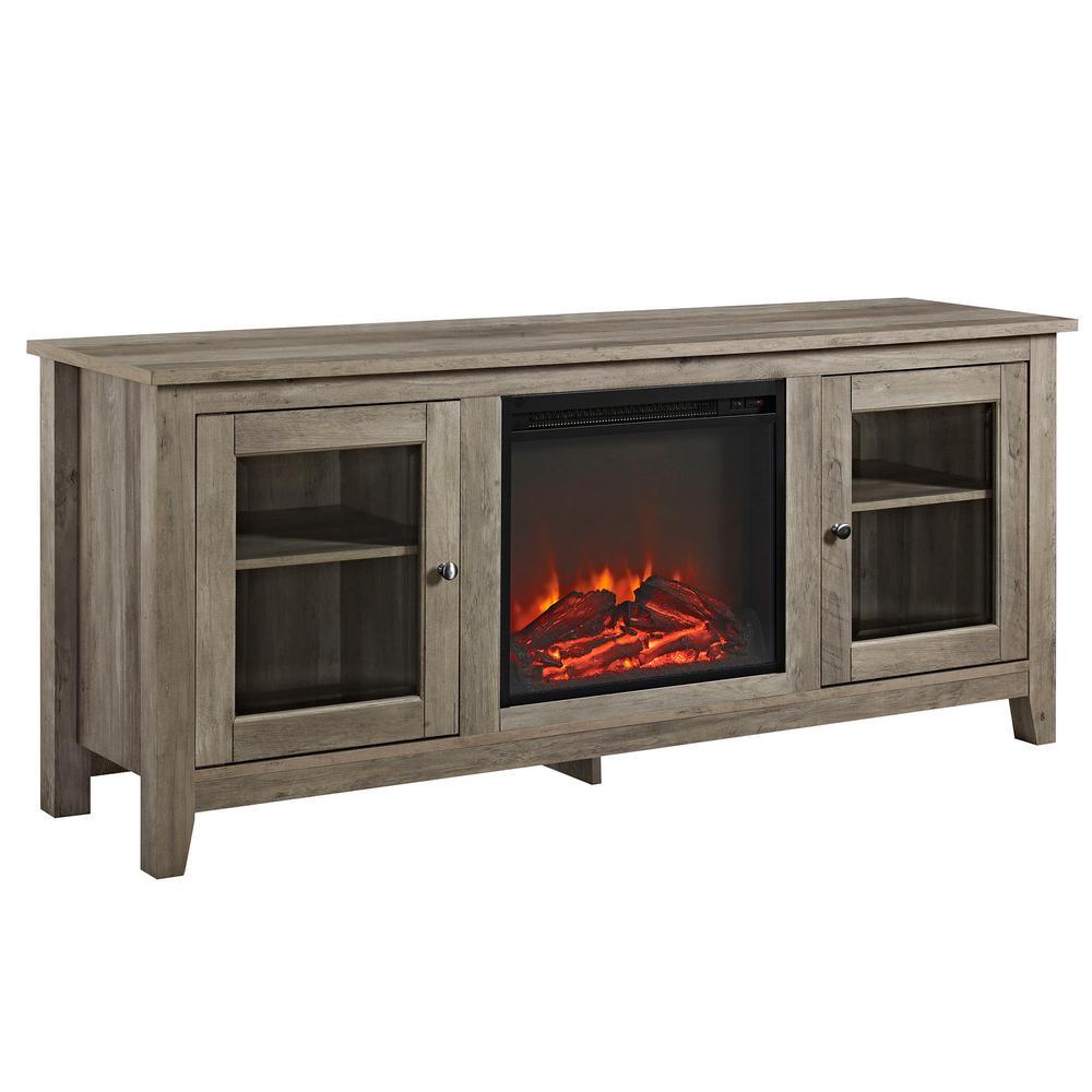 58 in. Wood Media TV Stand Console with Fireplace - Grey Wash - Super Arbor