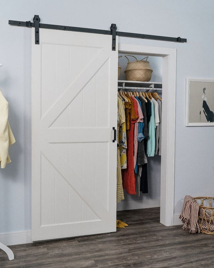 RELIABILT 36-in x 84-in White Primed K-frame Mdf Single Bypass Barn Door (Hardware Included)