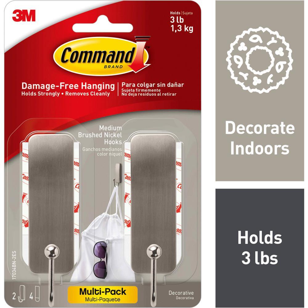 Medium Brushed Nickel Hooks (2-Hooks and 4-Adhesive Strips) - Super Arbor