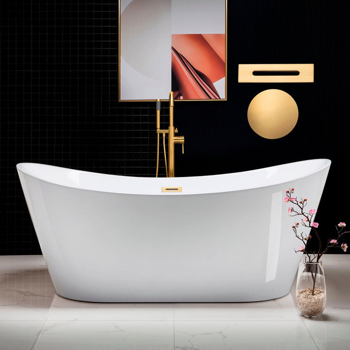 WOODBRIDGE 71 in. Acrylic Flat-Bottom Double-Ended Freestanding Bathtub with Brushed Gold Overflow & Drain, White