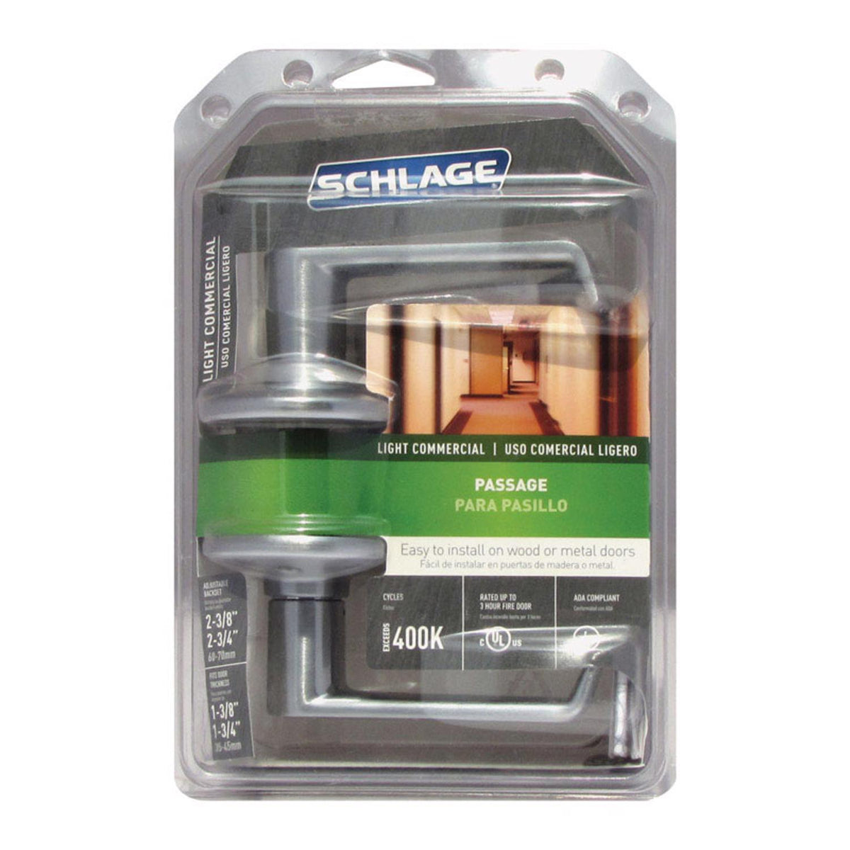 Schlage Elan Satin Chrome Passage Lockset, ANSI Grade 2, 1-3/4 in
