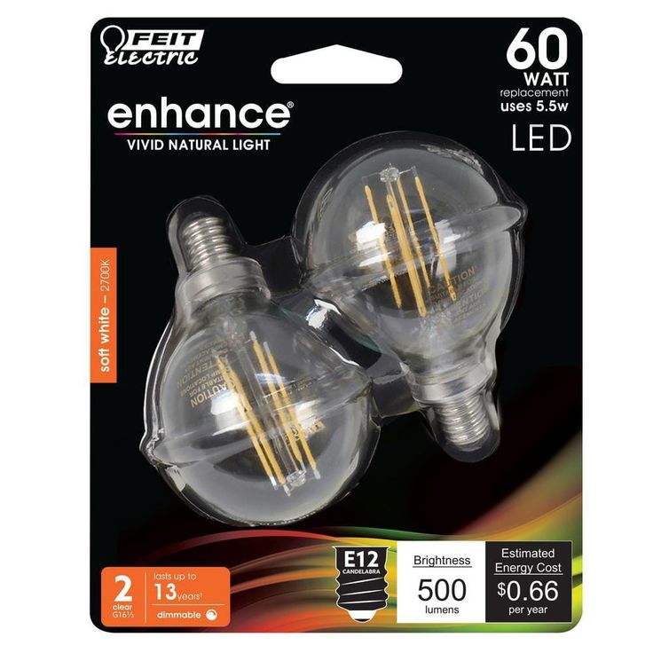 Feit Electric 60-Watt Equivalent G16.5 Candelabra Dimmable Filament ENERGY STAR Clear Glass LED Light Bulb, Soft White (2-Pack)