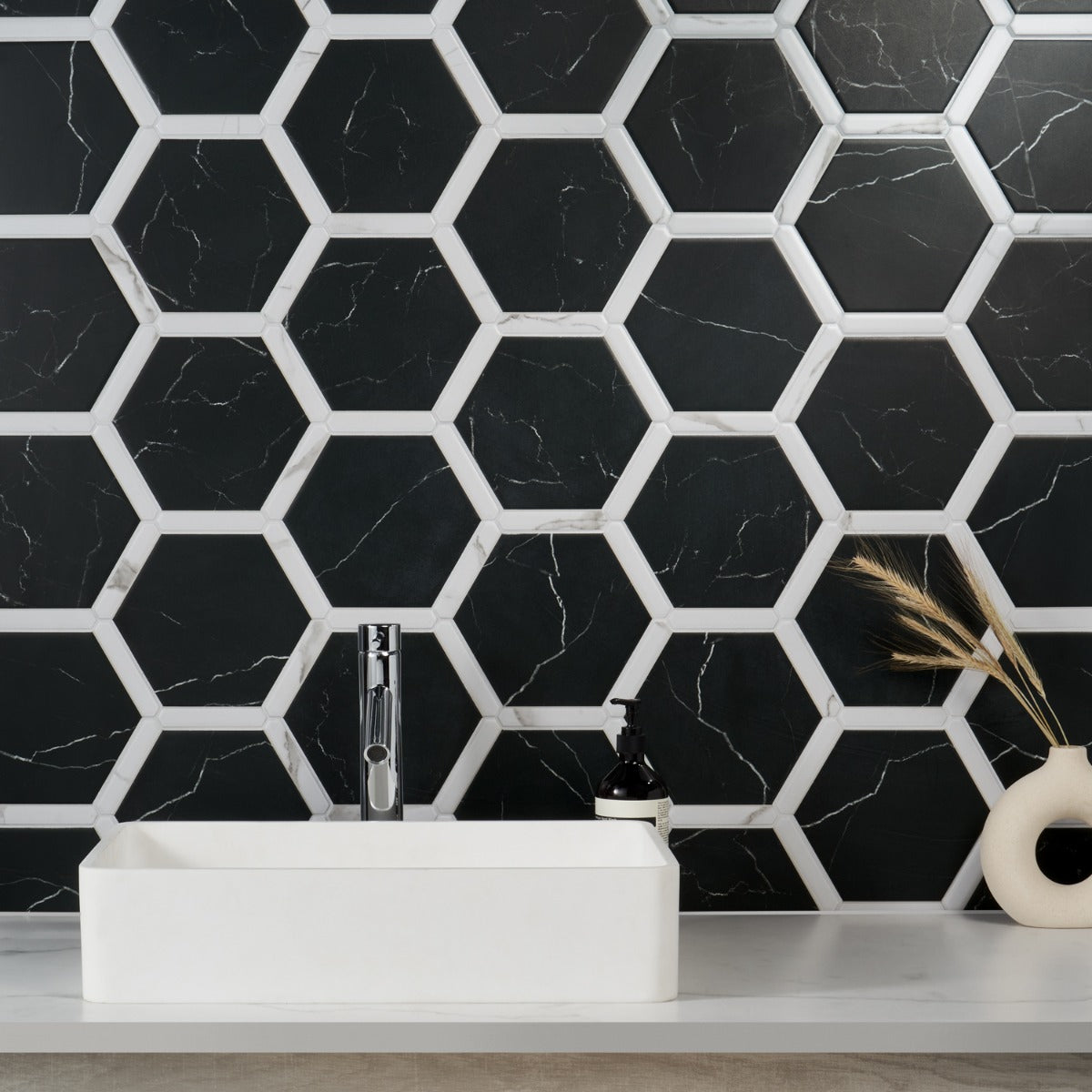 Sagon Nero Black 9" Hexagon Matte Porcelain Tile - Lux Tile