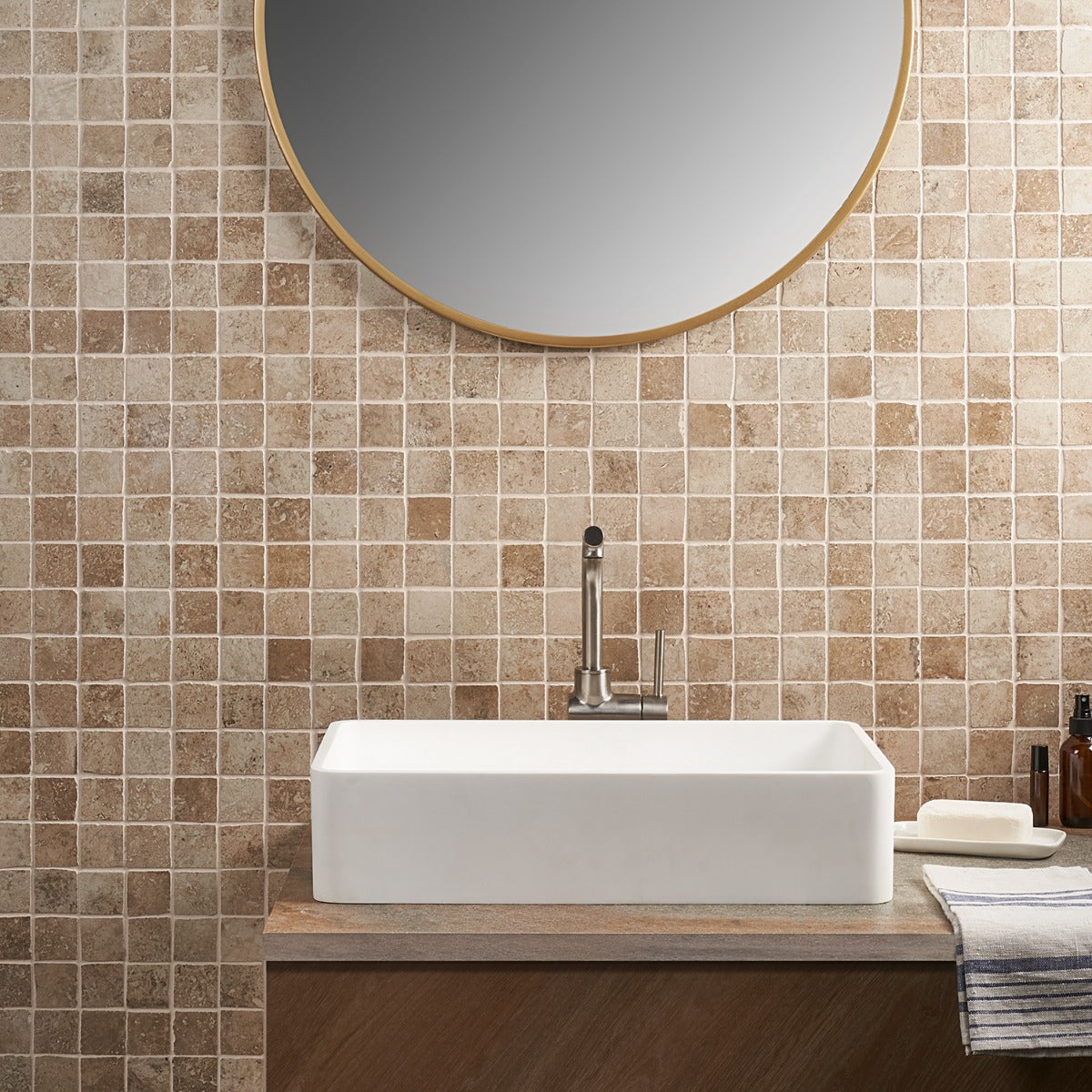 Seville Delfi Beige 2x2 Porcelain Mosaic Tile - Travertine Look