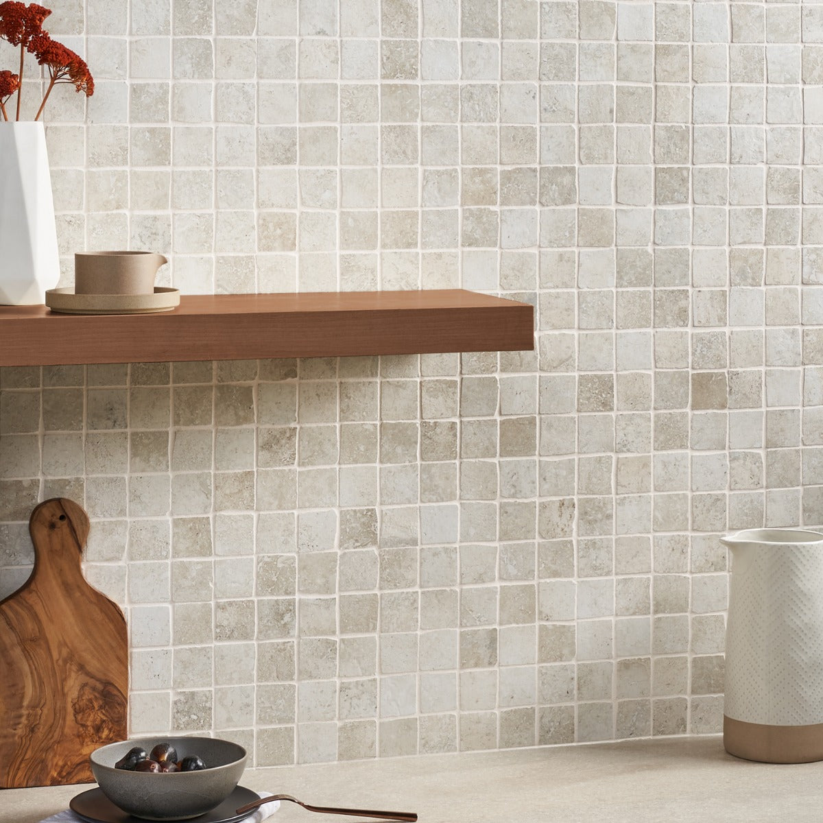 Seville Olimpia White 2x2 Porcelain Mosaic Tile - Travertine Look