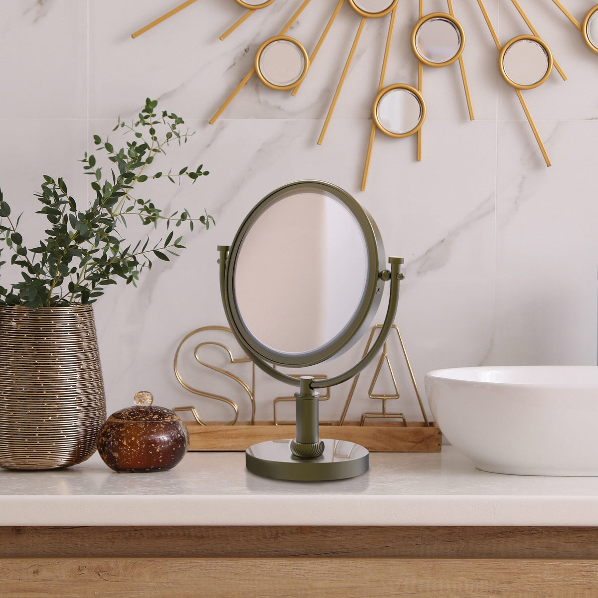 Allied Brass 8-in x 15-in Antique Brass Double-Sided 2x Magnifying Countertop Vanity Mirror